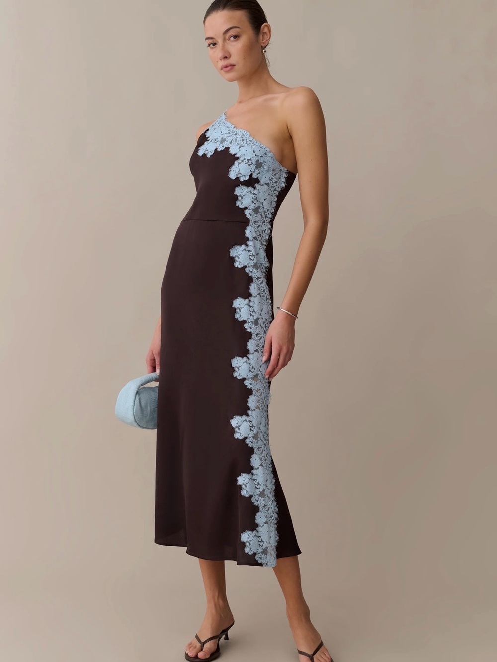 AIKO DRESS O.P.T. One-Shoulder Brown with Light Blue Lace Appliqué FEW MODA